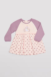 Vestido bebé manga comprida com estampado de unicórnio e bolinhas rosa